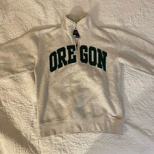 Cream Zip Up Sweater with Oregon Text and Half-Zip Collar